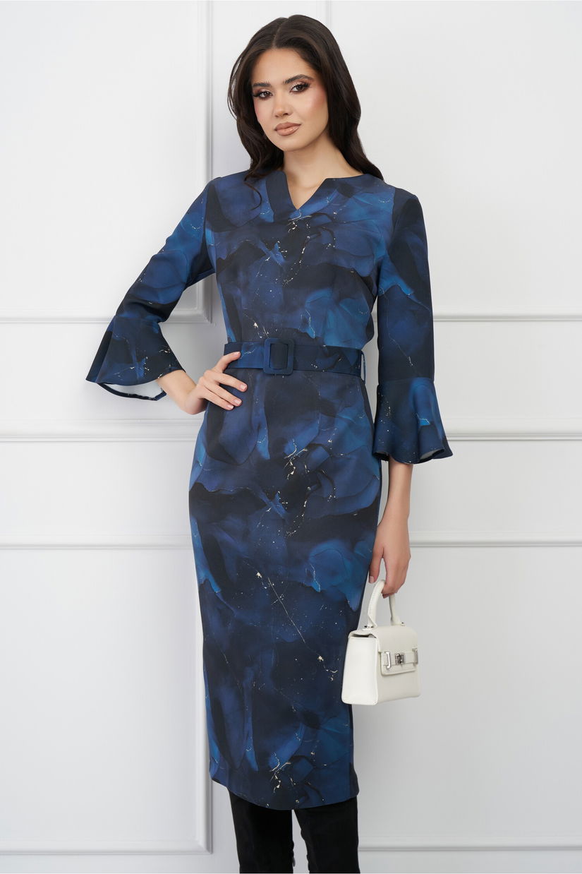 Rochie DY Fashion bleumarin cu imprimeuri si curea in talie