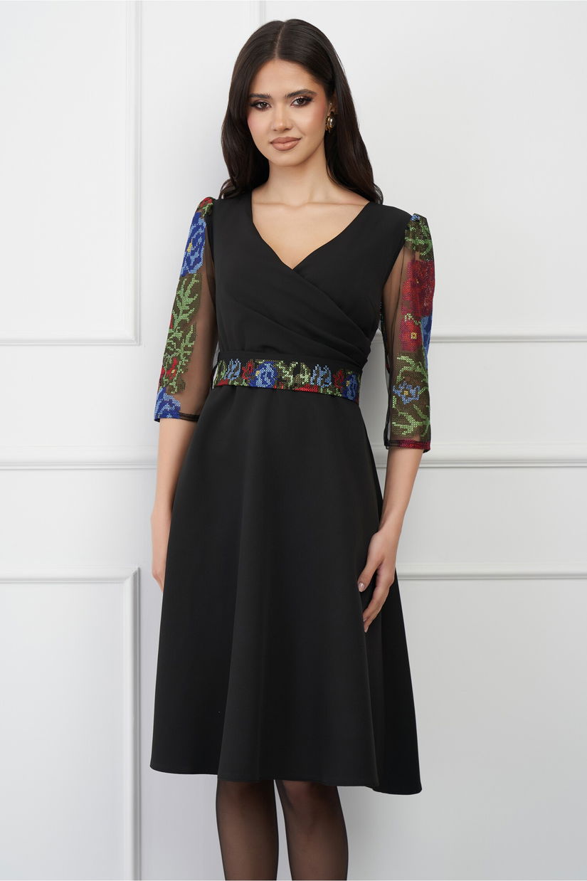 Rochie Ella Collection Adria neagra cu broderie traditionala pe maneci si decolteu petrecut