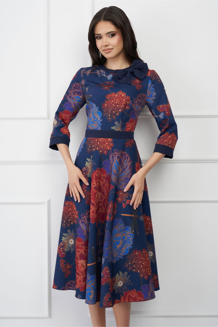 Rochie DY Fashion bleumarin cu imprimeu floral rosu si funda la decolteu