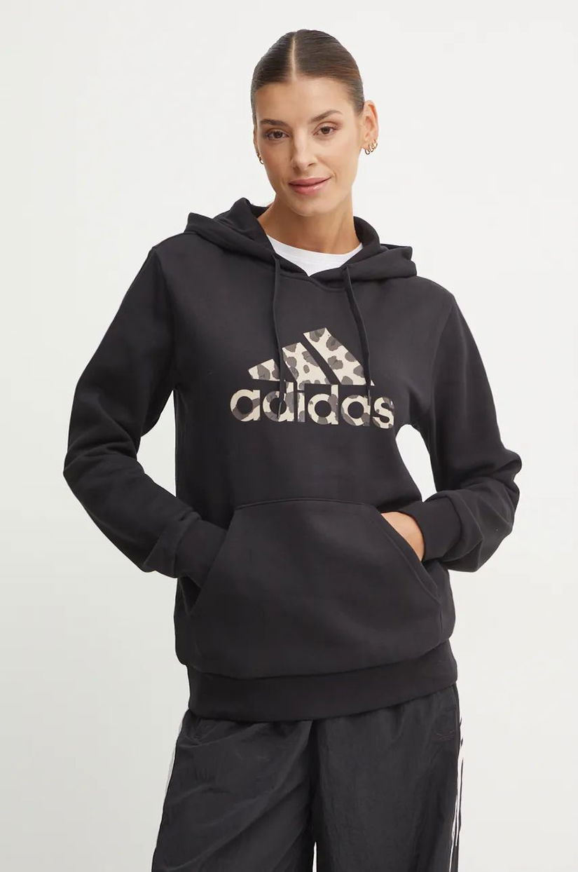 adidas bluza femei, culoarea negru, cu glugă, cu imprimeu, IW5152