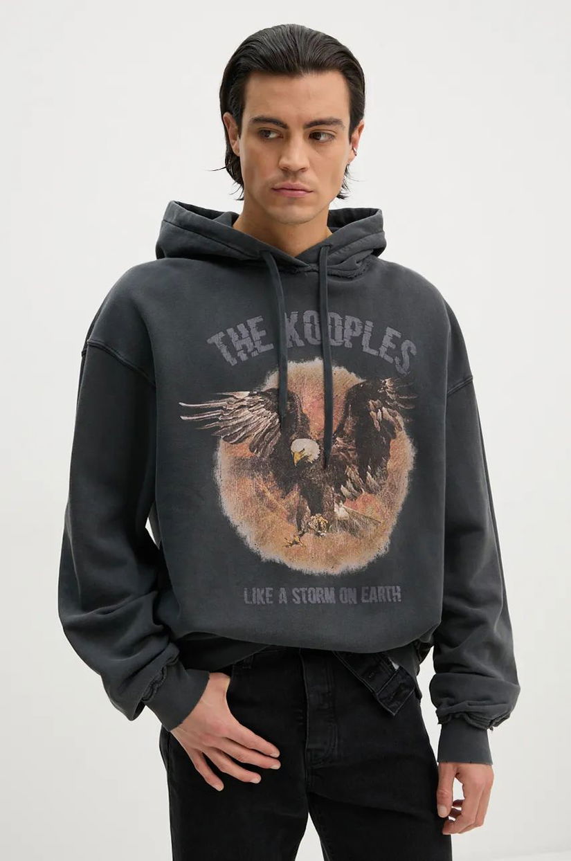 The Kooples hanorac de bumbac barbati, culoarea gri, cu glugă, cu imprimeu, HSWE29023K