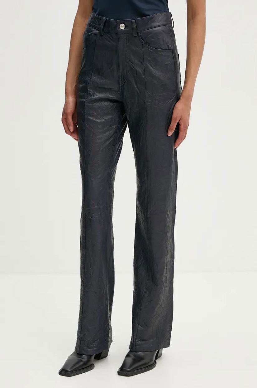 ZADIG&VOLTAIRE pantaloni de piele femei, culoarea albastru marin, drept, high waist, RWPA00083