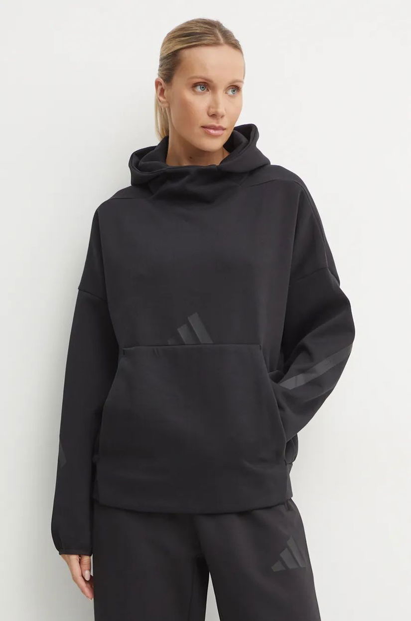 adidas bluza ZNE femei, culoarea negru, cu glugă, cu imprimeu, JE7860