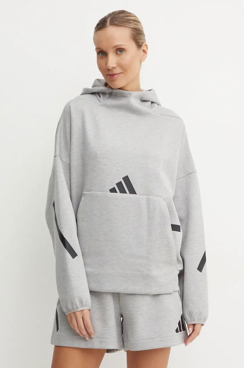 adidas bluza ZNE femei, culoarea gri, cu glugă, cu imprimeu, JD9592