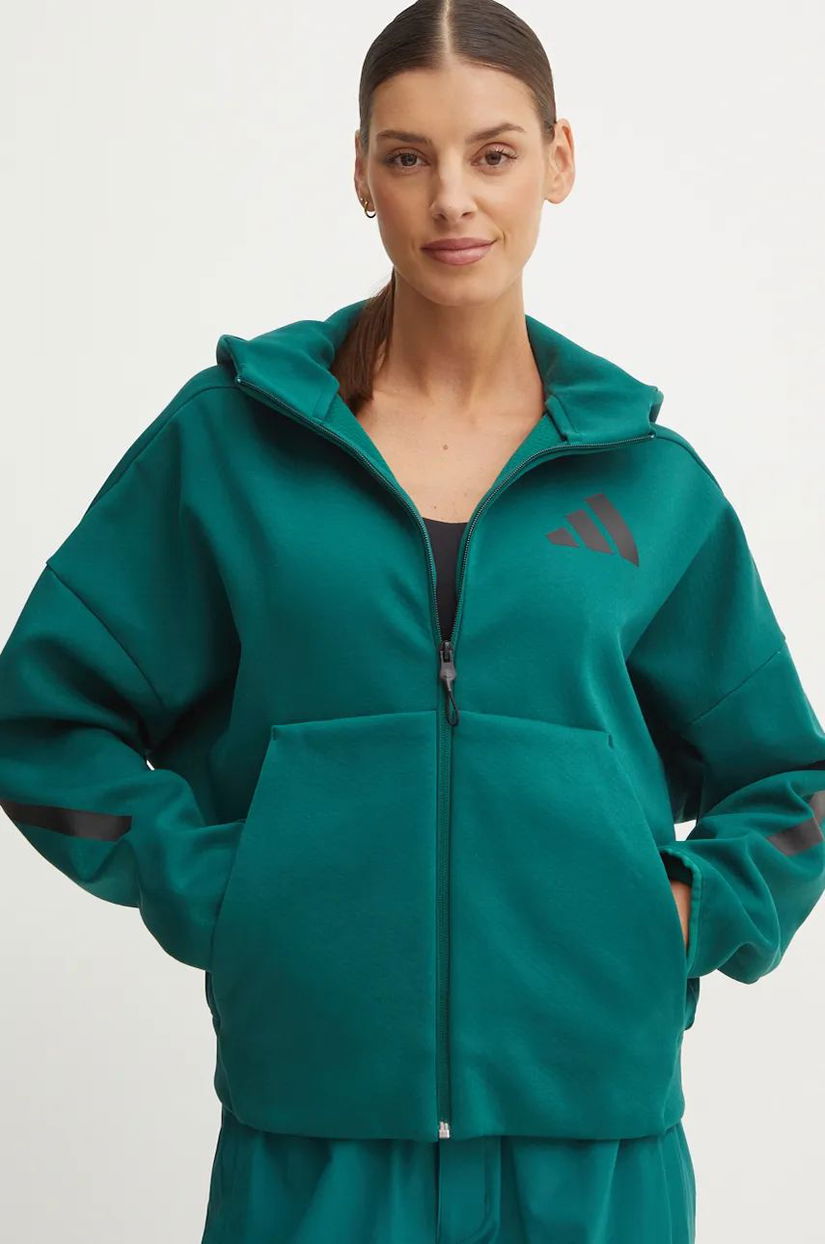 adidas bluza ZNE femei, culoarea verde, cu glugă, cu imprimeu, JF8887