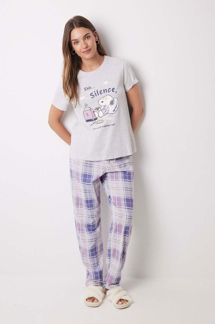 women'secret pijamale de bumbac Snoopy culoarea gri, bumbac, 3138566