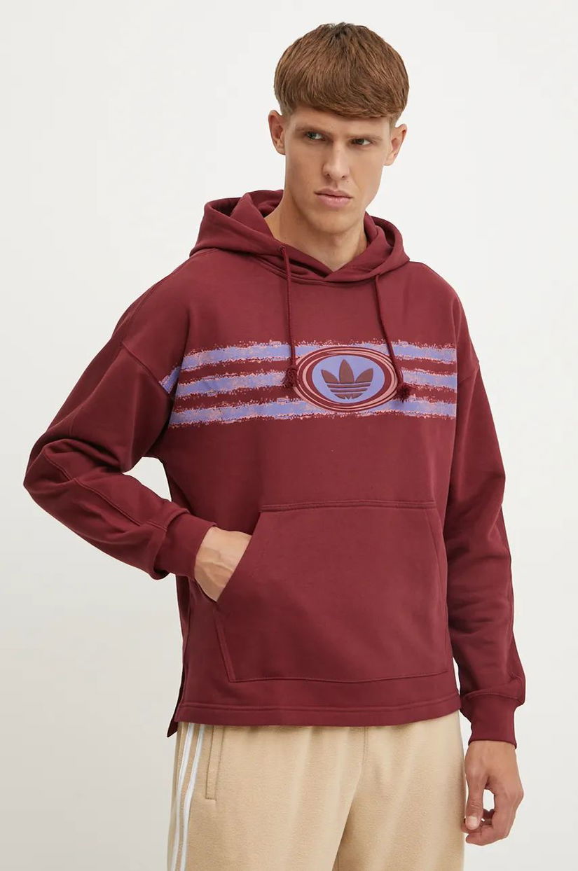 adidas Originals hanorac de bumbac barbati, culoarea bordo, cu glugă, cu imprimeu, JM0470