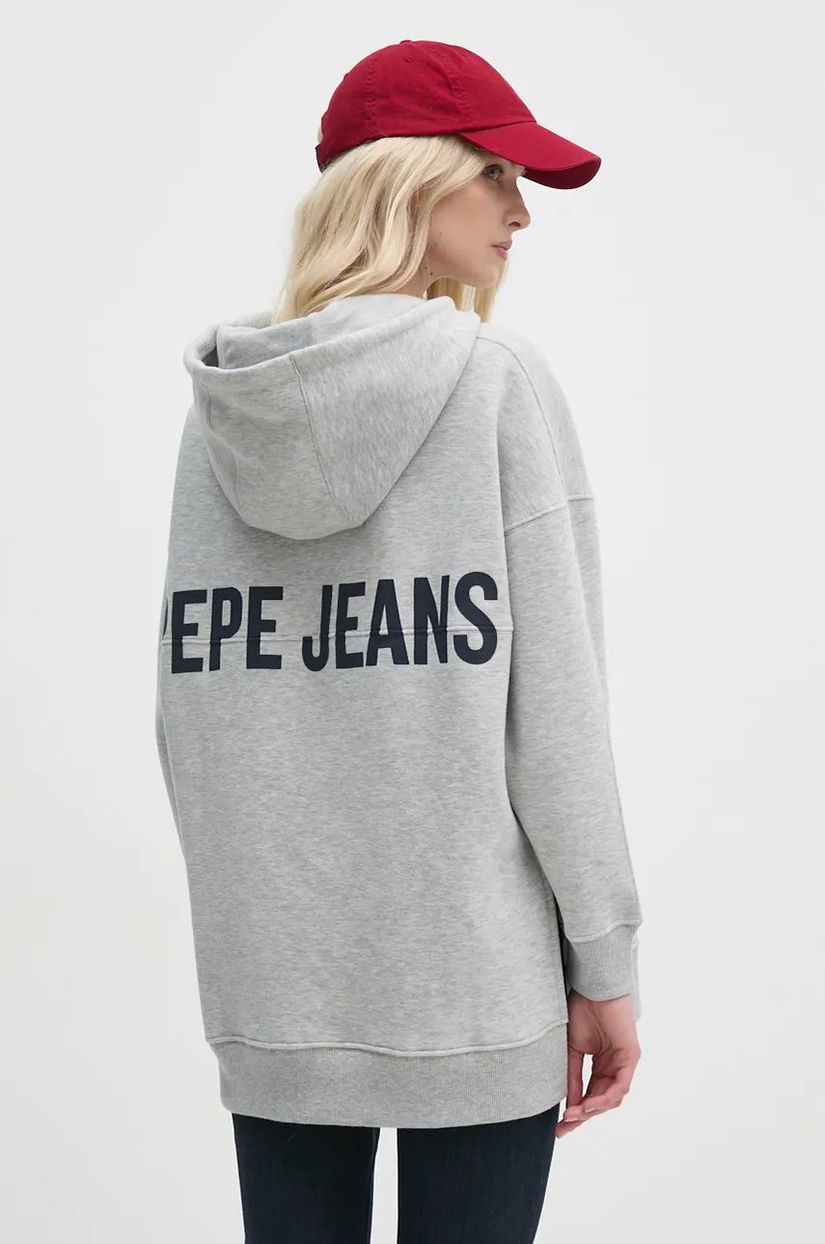 Pepe Jeans bluza FERGIE femei, culoarea gri, cu glugă, cu imprimeu, PL581455