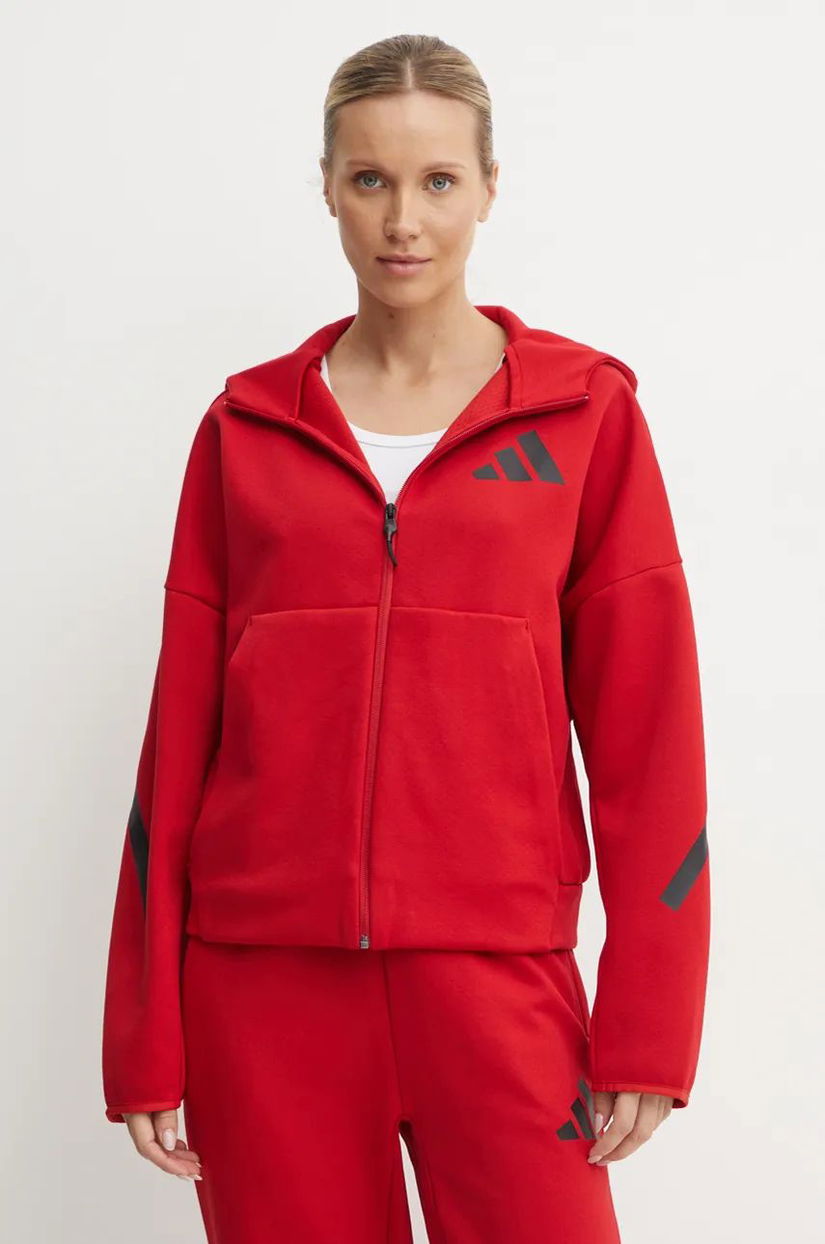 adidas bluza ZNE femei, culoarea rosu, cu glugă, cu imprimeu, JF8888