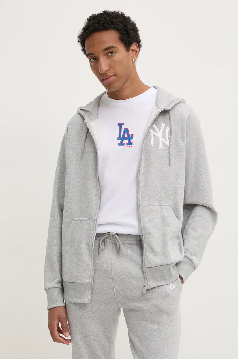 New Era bluza NEW YORK YANKEES barbati, culoarea gri, cu glugă, cu imprimeu, 60416720