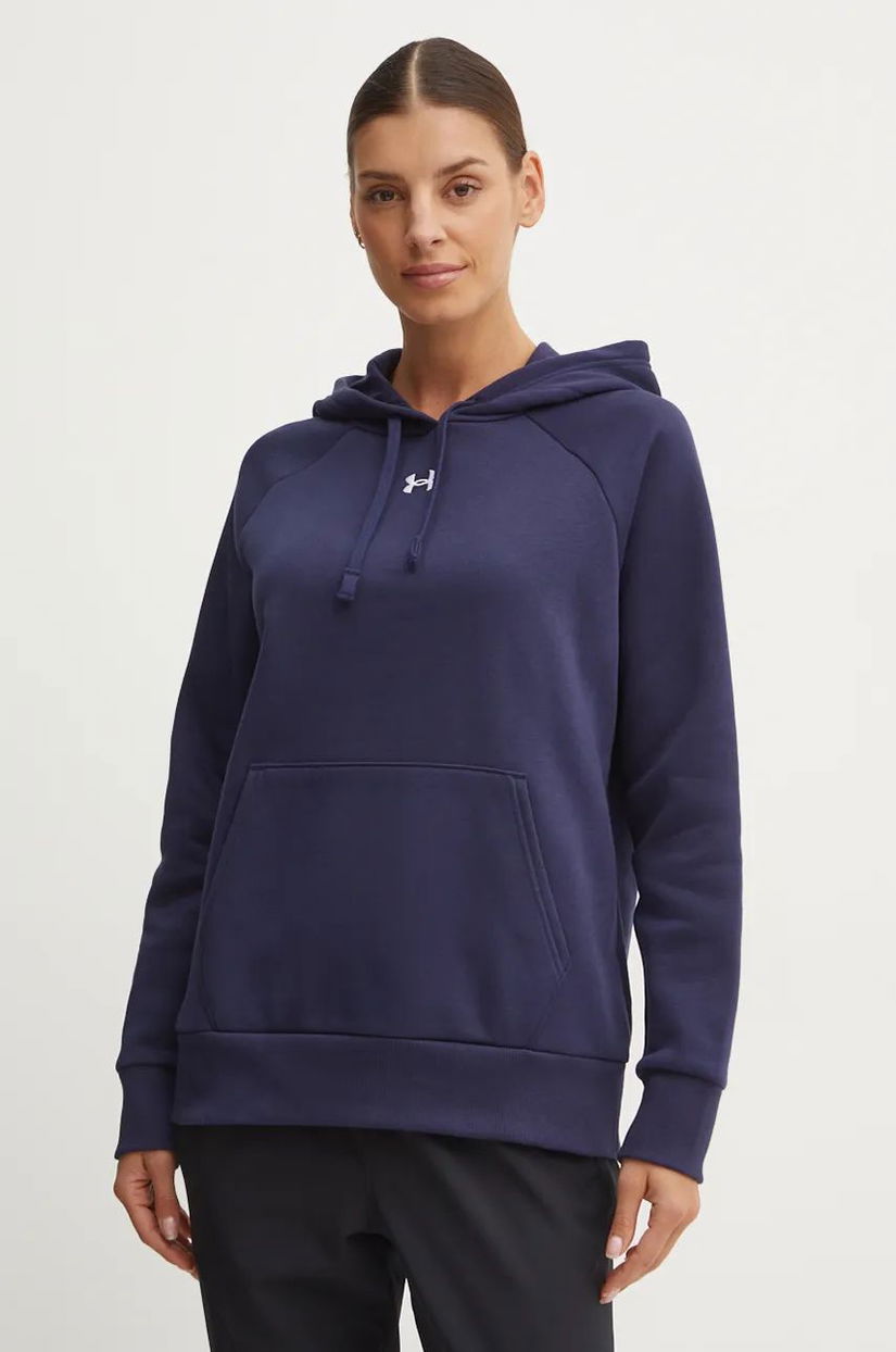 Under Armour bluza femei, culoarea albastru marin, cu glugă, neted