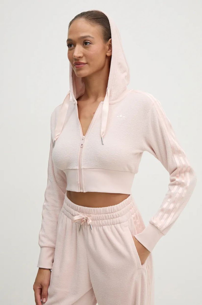 adidas Originals bluză Femme Galore Short Fulzip Hoodie femei, culoarea roz, cu glugă, cu imprimeu, JN3005