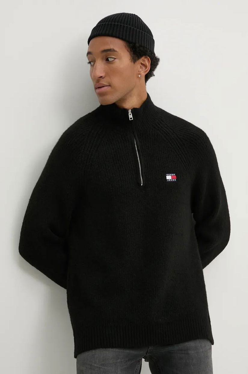 Tommy Jeans pulover din amestec de lână barbati, culoarea negru, călduros, cu turtleneck, DM0DM19437