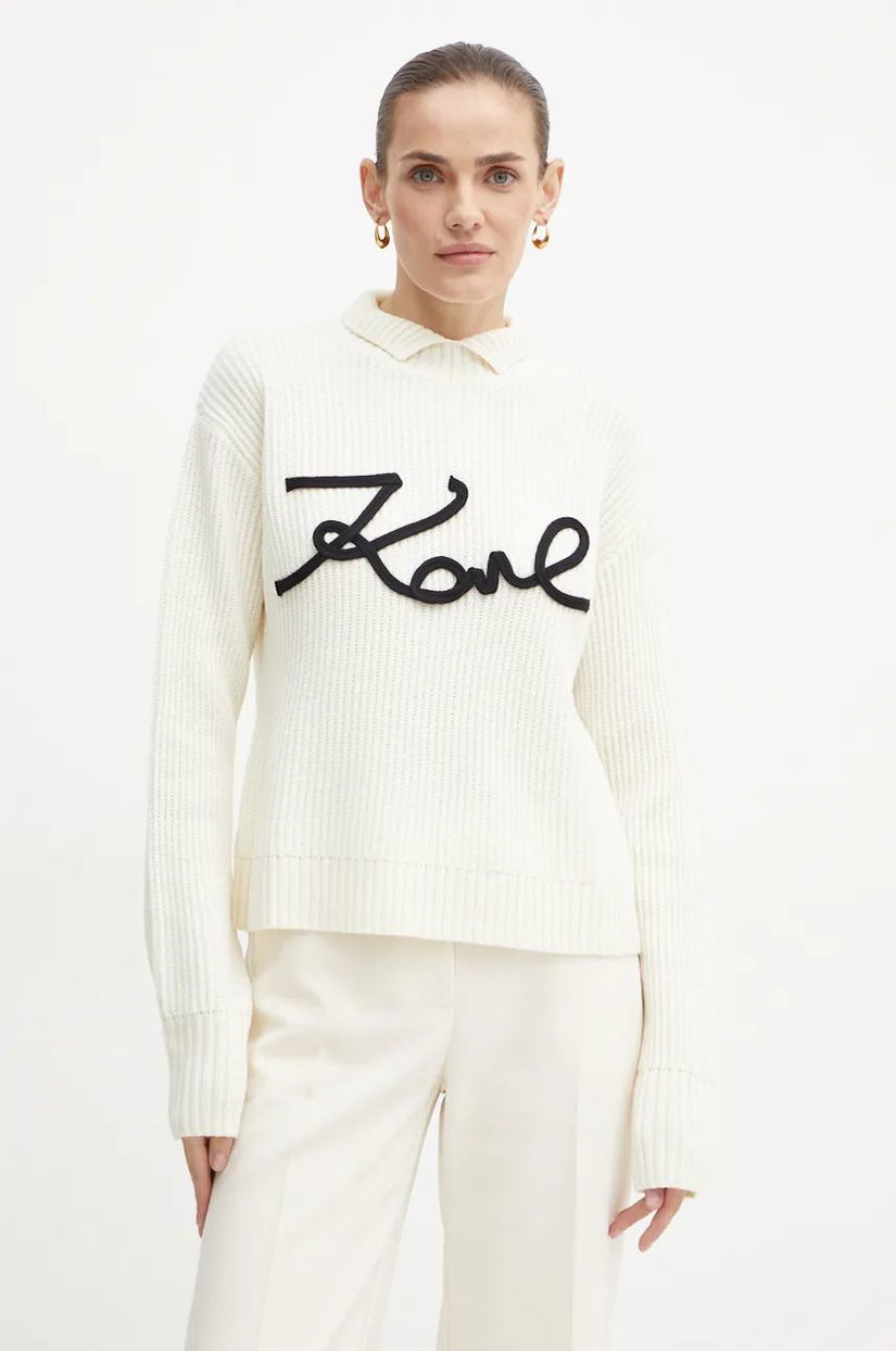 Karl Lagerfeld pulover de lână femei, culoarea bej, călduros, cu turtleneck, 246W2000