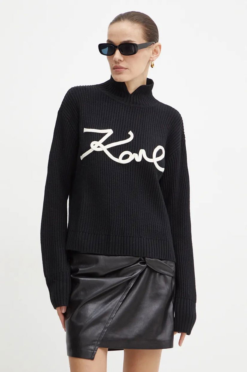 Karl Lagerfeld pulover de lână femei, culoarea negru, călduros, cu turtleneck, 246W2000