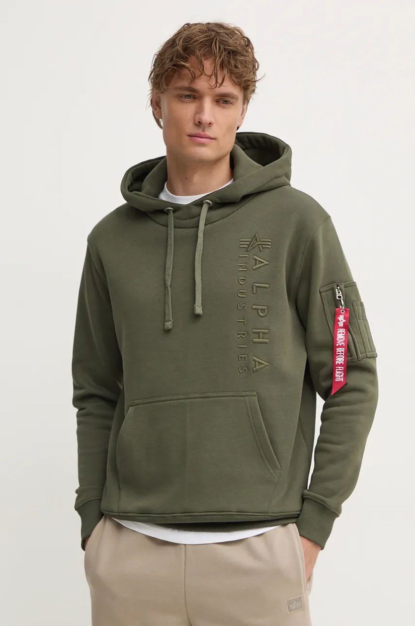 Alpha Industries bluza barbati, culoarea verde, cu glugă, cu imprimeu, 138333