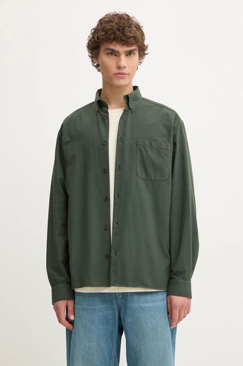 A.P.C. camasa din bumbac Chemise Mateo Logo barbati, culoarea verde, cu guler button-down, relaxed, COHAH.H12599