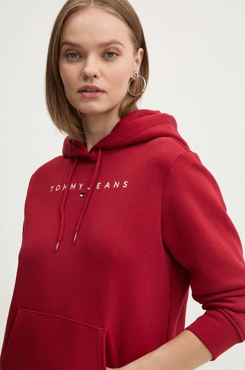 Tommy Jeans bluza femei, culoarea bordo, cu glugă, cu imprimeu