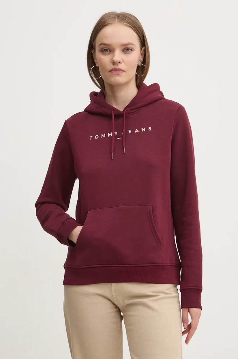 Tommy Jeans bluza femei, culoarea bordo, cu glugă, cu imprimeu