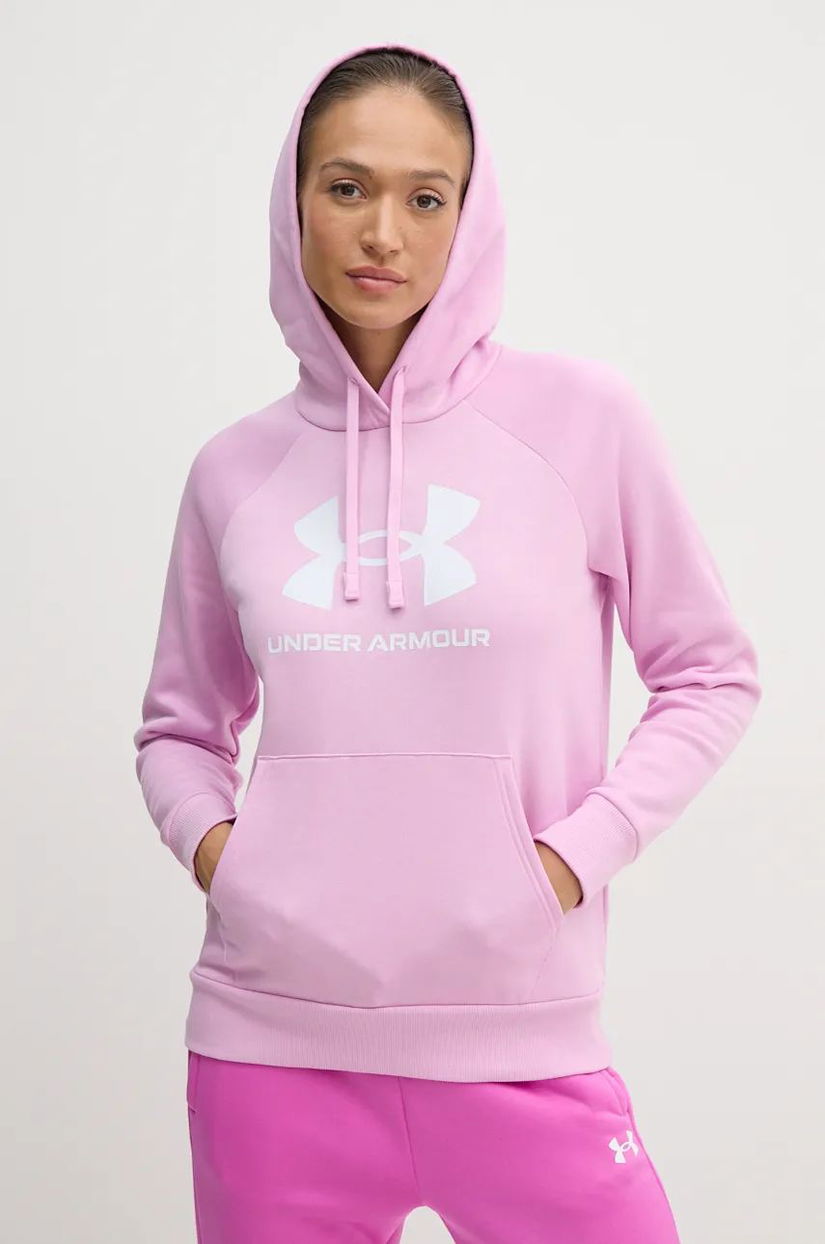 Under Armour bluza femei, culoarea roz, cu glugă, cu imprimeu