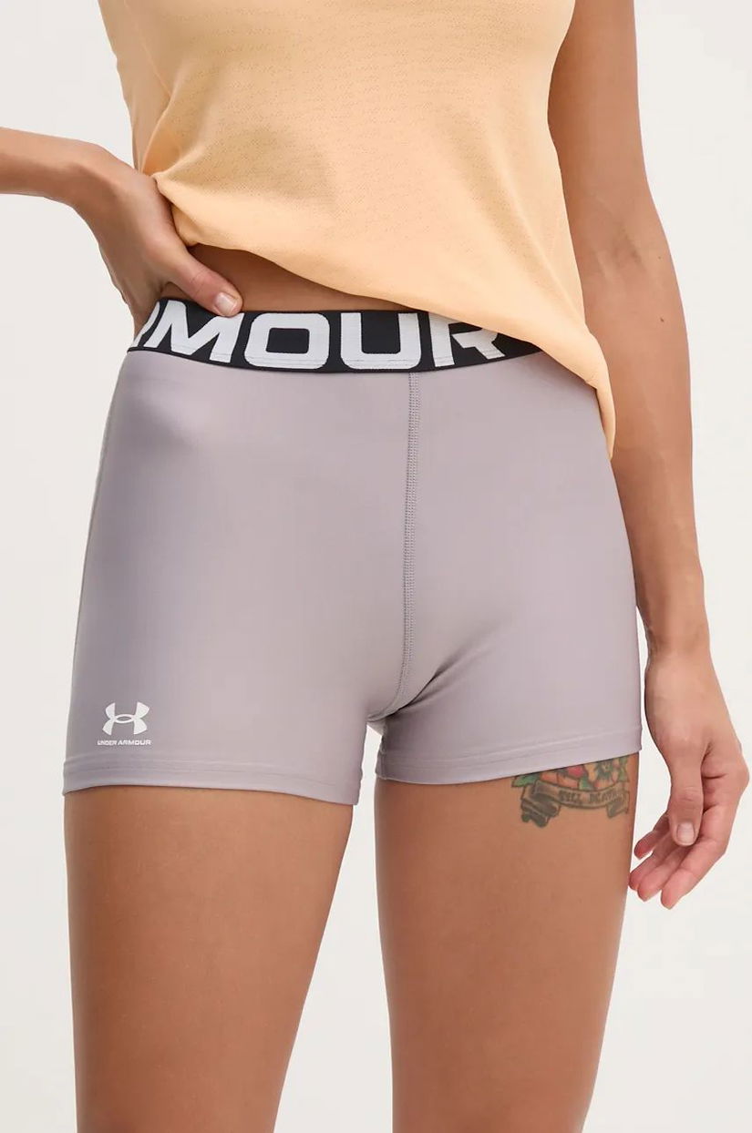 Under Armour pantaloni scurți de antrenament Authentics culoarea gri, cu imprimeu, medium waist