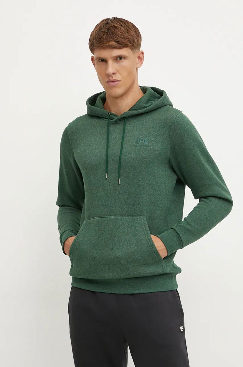 Under Armour bluza Essential Fleece barbati, culoarea verde, cu glugă, cu imprimeu, 1373880