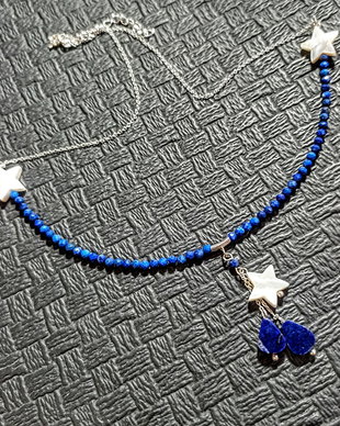 Colier lapis lazuli sidef stele lant argint minimalist boho chic trendy - Transport gratuit