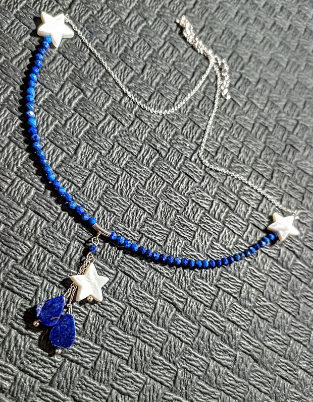 Colier lapis lazuli sidef stele lant argint minimalist boho chic trendy - Transport gratuit