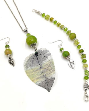 Set bijuterii cu agate, jad olive si frunzulite, lucrat manual, unicat