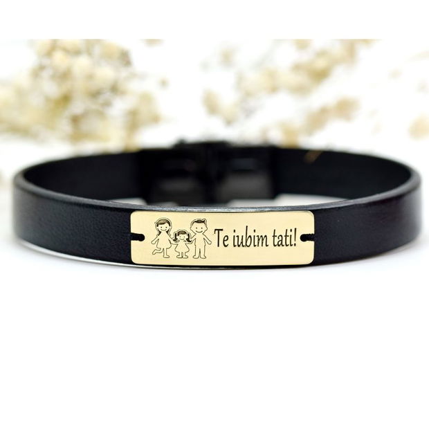 Bratara din piele naturala placuta personalizata Te iubim tati  Aur 14k