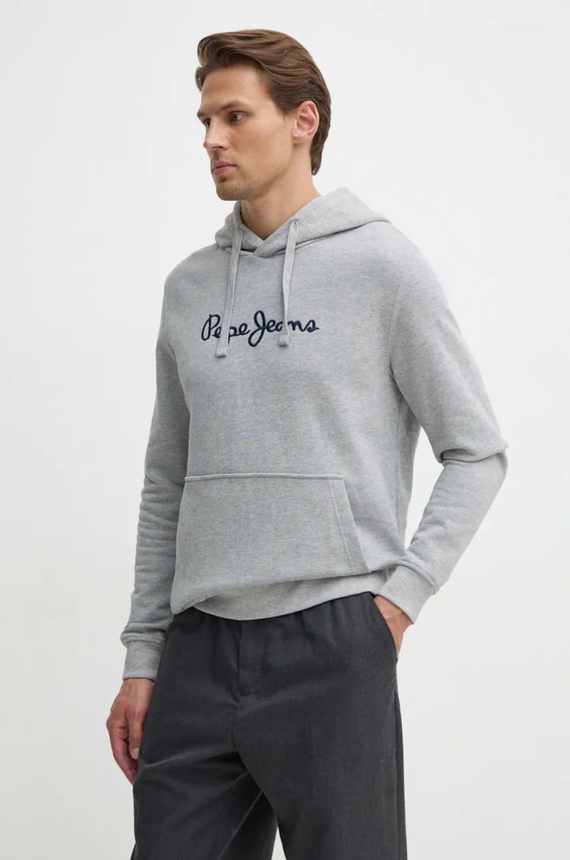 Pepe Jeans hanorac de bumbac NEW JOE HOODIE barbati, culoarea gri, cu glugă, cu imprimeu, PM582716