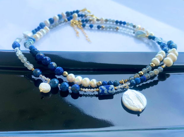 Colier cu lapis lazuli, labradorit, perle de cultura, cuart roz si hematit