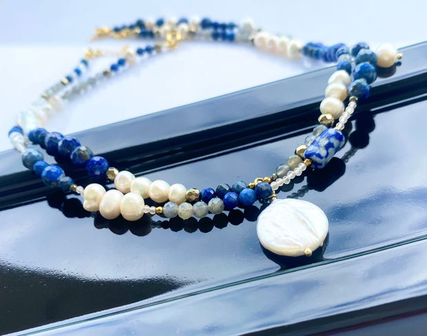 Colier cu lapis lazuli, labradorit, perle de cultura, cuart roz si hematit