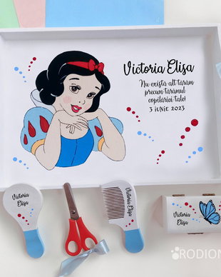 Tava turta Alba ca Zapada pictata manual personalizata cu nume, set Snow White