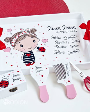 Tava turta buburuza pictata manual personalizat cu nume, set mot