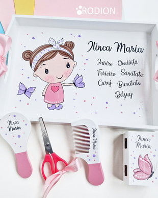 Tava turta fetita cu fluturasi pictata manual personalizata cu nume, set mot