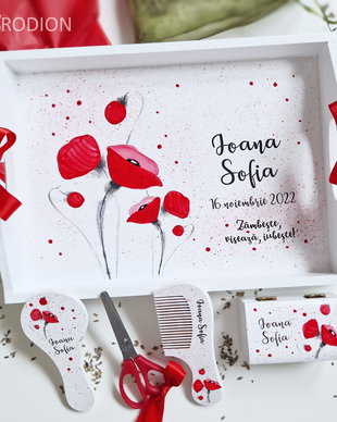 Tava turta maci fetita pictata manual personalizat cu nume, set aniversare