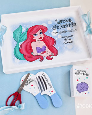 Tava turta Mica Sirena Ariel pictata manual personalizata, set mot Little Mermaid