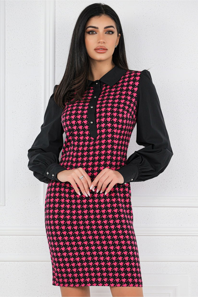 Rochie MBG neagra cu imprimeu pepit fucsia si nasturi la bust