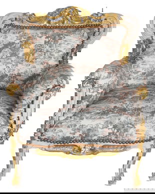 Fotoliu baroc alb cu auriu cu tapiterie alb cu albastru