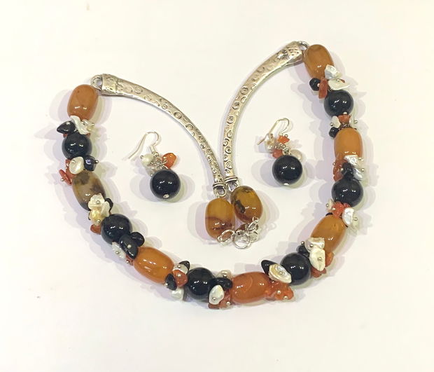 SET~CINNAMON~agate,onix,perle de cultură,zamac argintat