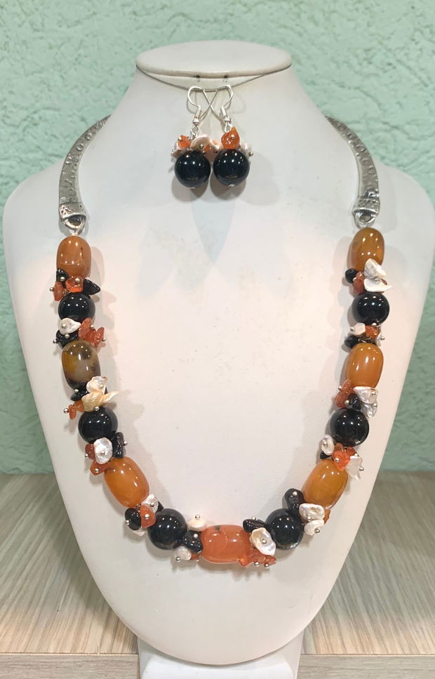 SET~CINNAMON~agate,onix,perle de cultură,zamac argintat