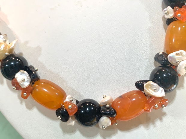 SET~CINNAMON~agate,onix,perle de cultură,zamac argintat