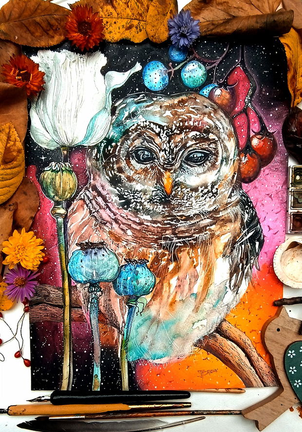 Tablou The Magic Owl - Pictura Originală în Acuarelă - Nature And Colors Collection