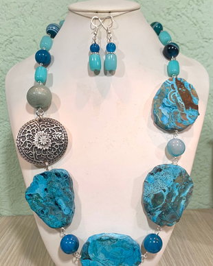 SET~TURQUOISE WATERS~Calsilica,agate,jad,zamac argintat