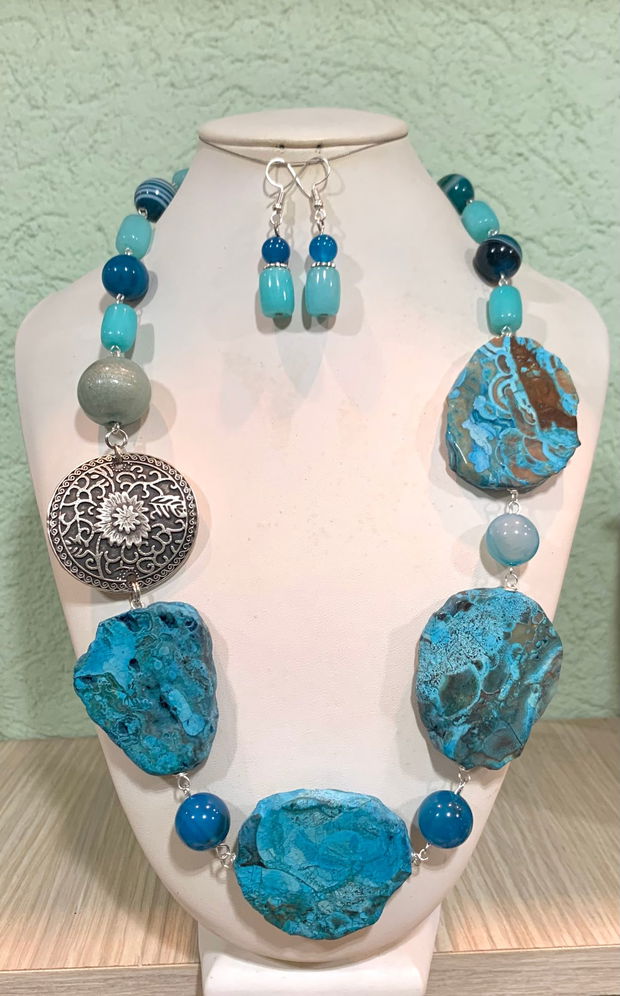 SET~TURQUOISE WATERS~Calsilica,agate,jad,zamac argintat