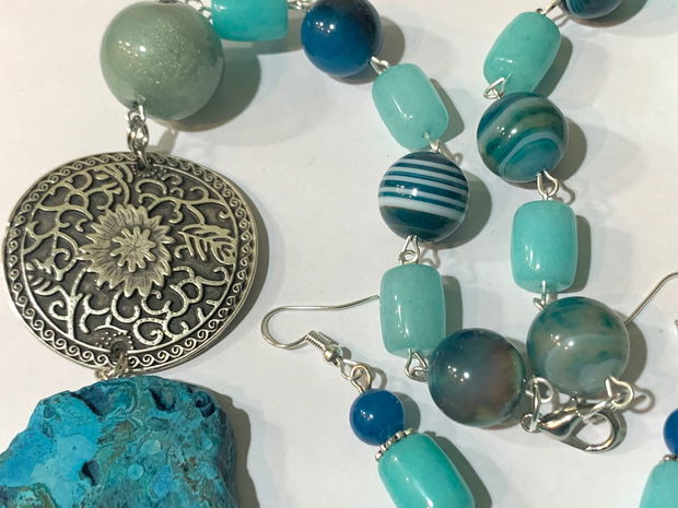 SET~TURQUOISE WATERS~Calsilica,agate,jad,zamac argintat