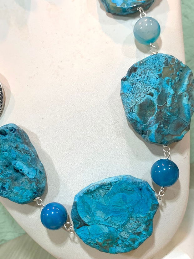 SET~TURQUOISE WATERS~Calsilica,agate,jad,zamac argintat