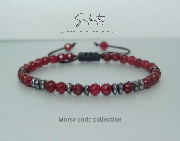 Bratara din jad & hematit cu mesaj in codul Morse "Soulmates" - Bratari personalizate. Transport gratuit