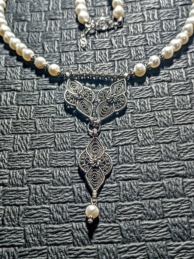 Colier argint perle naturale de cultura conector filigranat argint antichizat victorian vintage trendy - Transport gratuit